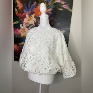Verte New Boutique Lace Crochet Cropped Cottagecore Bow Tie Blouse OS 2X 3X Plus